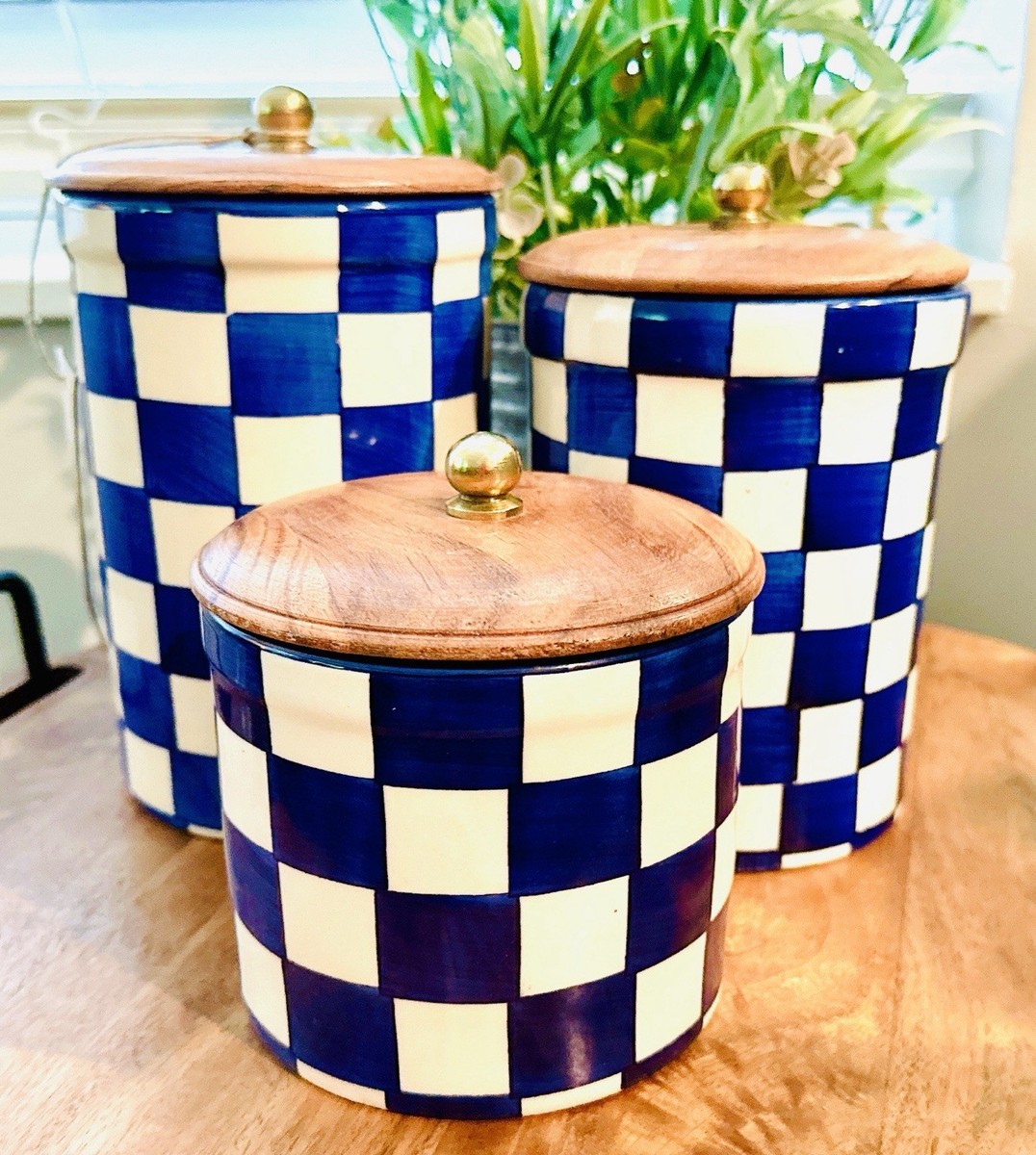 New BLUE & White SET OF 3 Checkered Canisters Mackenzie Childs
