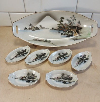 Kutani Sushi Dish & 6 Sauce Dishes Hand Painted Landscape w/Gold Trim ~ Antique