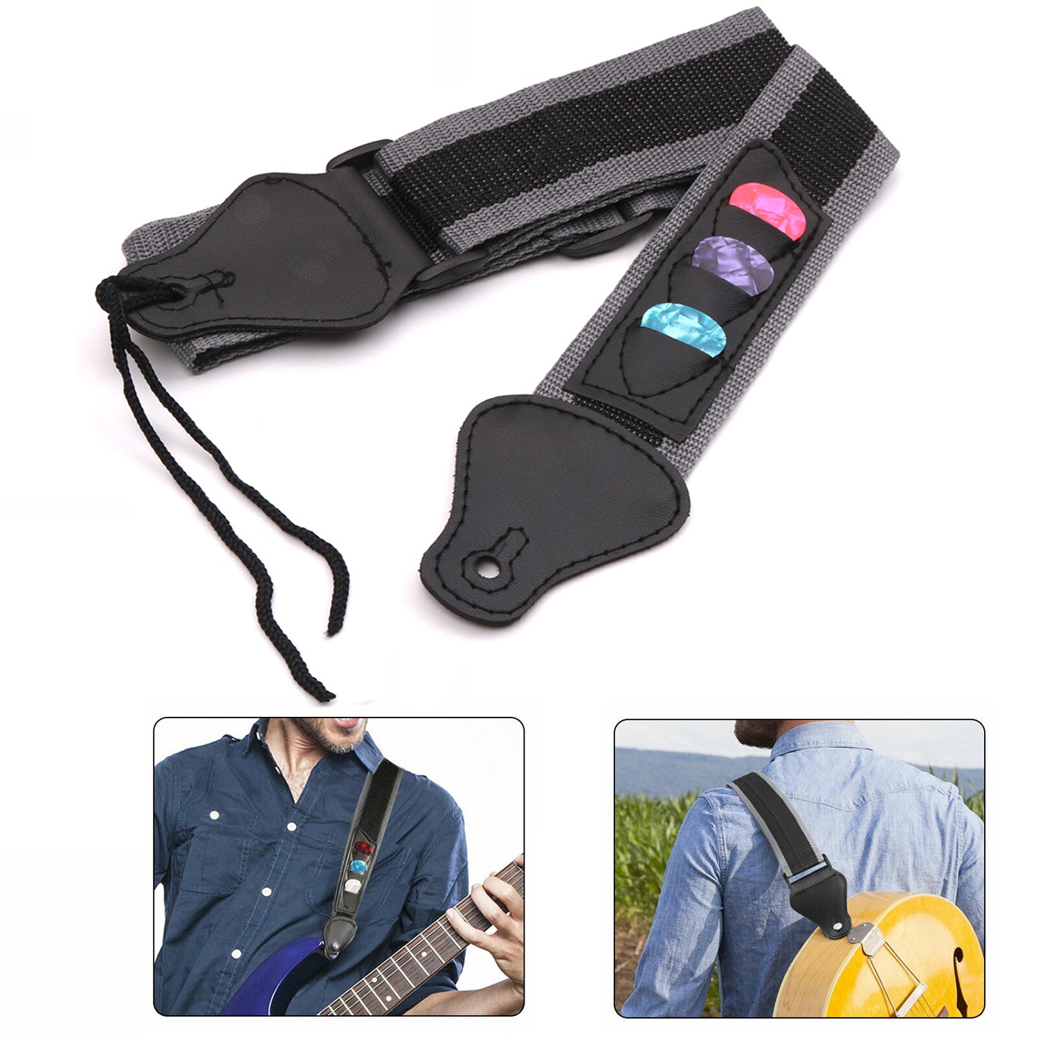 *Adjustable Electric /Acoustic Guitar Bass Shoulder Strap With 3 Guitar Pick Hol