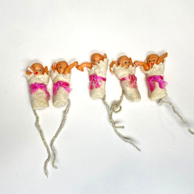 Vintage Celluloid Baby Dolls with Bottles Lot of 5 Pink Ribbons Made in Japan