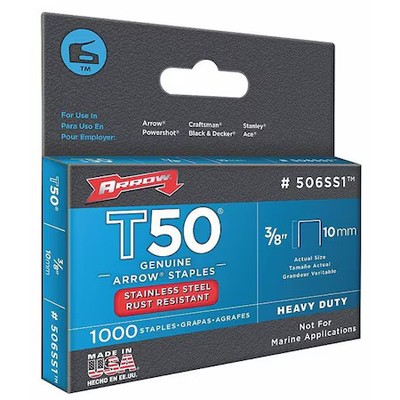 Arrow Fastener 506Ss1 Heavy Duty Staples, T50, - Ga, Flat Crown, 3/8 In Leg L,