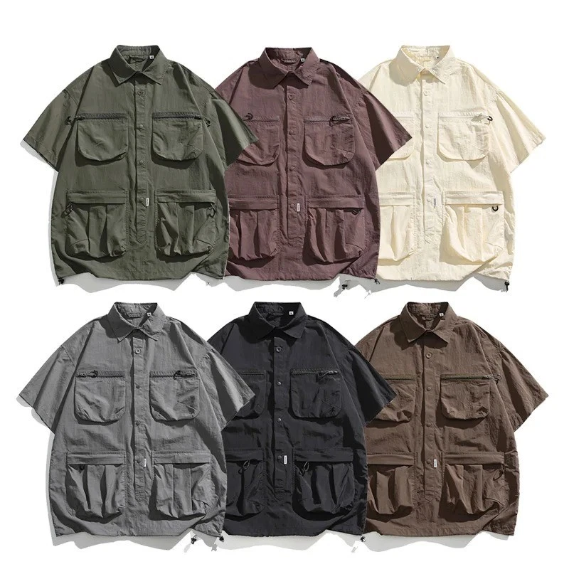 Men Women Summer Quick Dry Cargo Shirt Multi Pocket Loose Casual Techwear