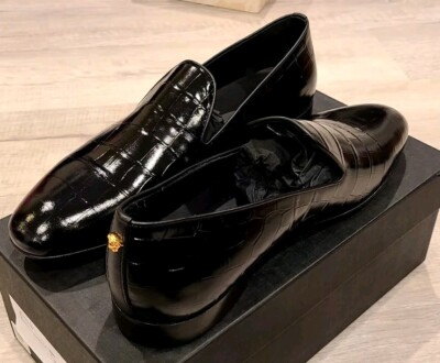 New Authentic Versace Croc Embossed Calfskin Smoking Slipper Versace Mens Croc Embossed Calfskin Smoking Slipper, Size  main image 2
