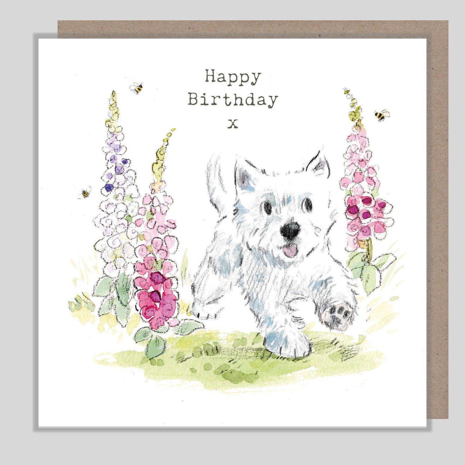 Westie Birthday Card – Adorable Playful Dog and Bees Illustrated Greeting Card
