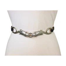 Women Blue Narrow Band Belt Hip High Wais Silver Metal Lizard Charm Fit S M L
