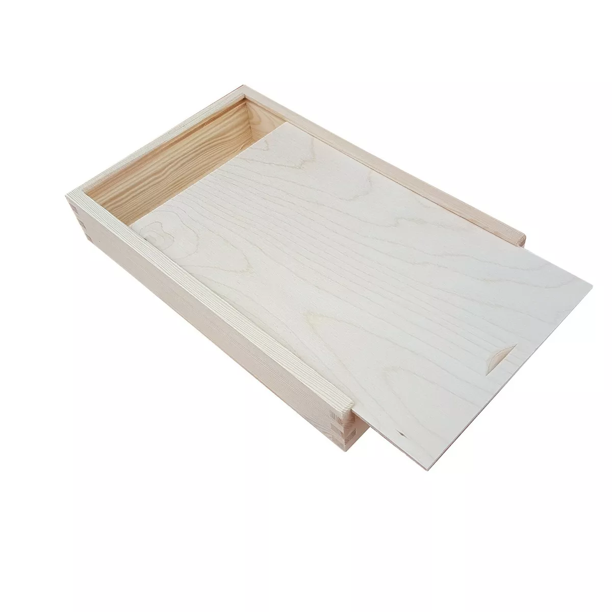 Wooden box with sliding lid outlet