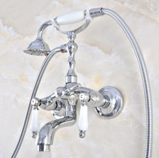 Chrome Brass Wall Mount Clawfoot Bath Tub Shower Faucet Sets w/ Handheld Shower