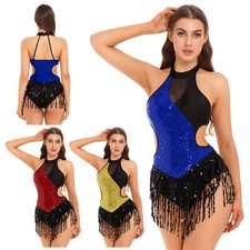Womens Dancewear Cha-Cha Bodysuit Shiny Leotard Patchwork Gymnastic Ballroom