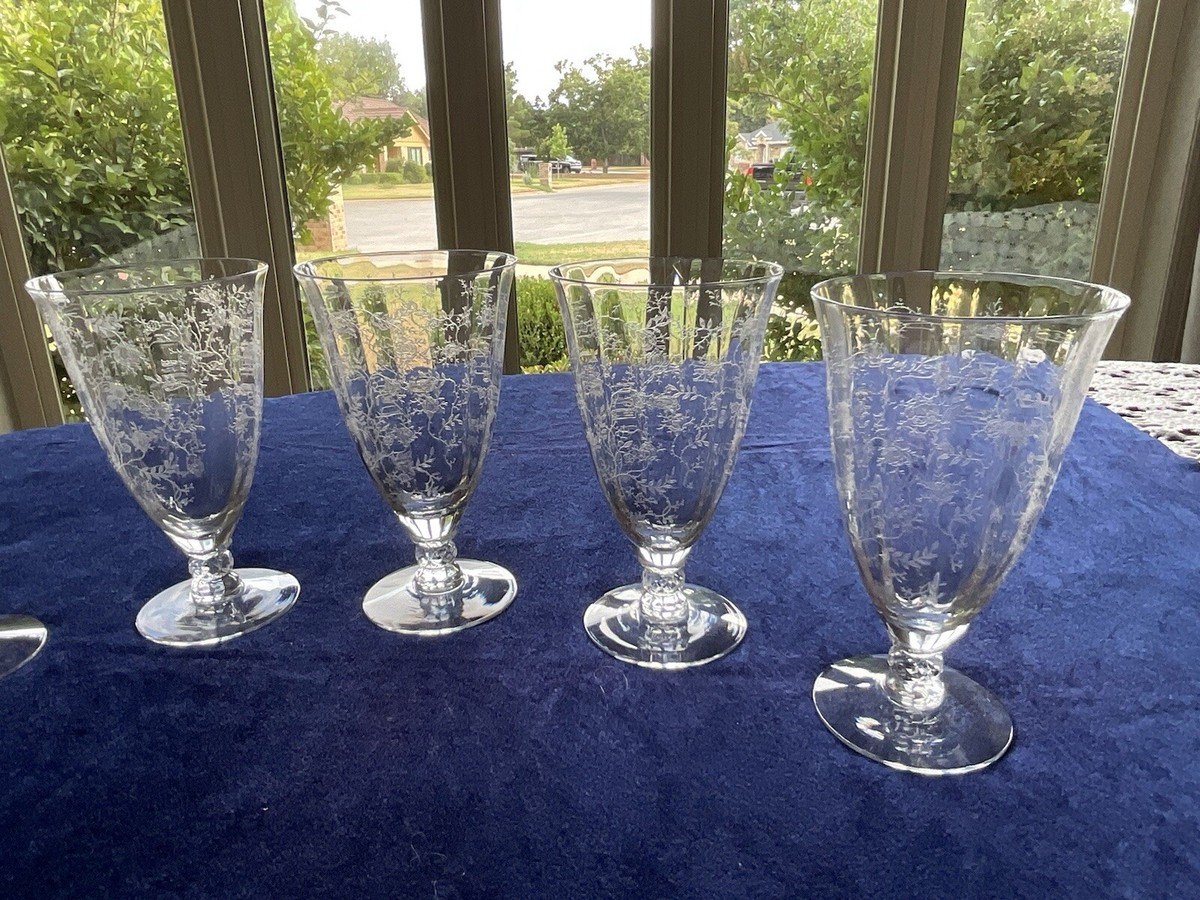 Fostoria, Chintz -Etched -CRYSTAL -Wine Ice Tea Style glasses ~Set