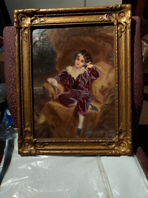 The Red Boy Oil painting on canvas SIGNED S.D. SYKES FROM 1800s 15x11