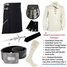 Handmade Solid Black Tartan Kilt Outfit for Men's  Custom Size Available