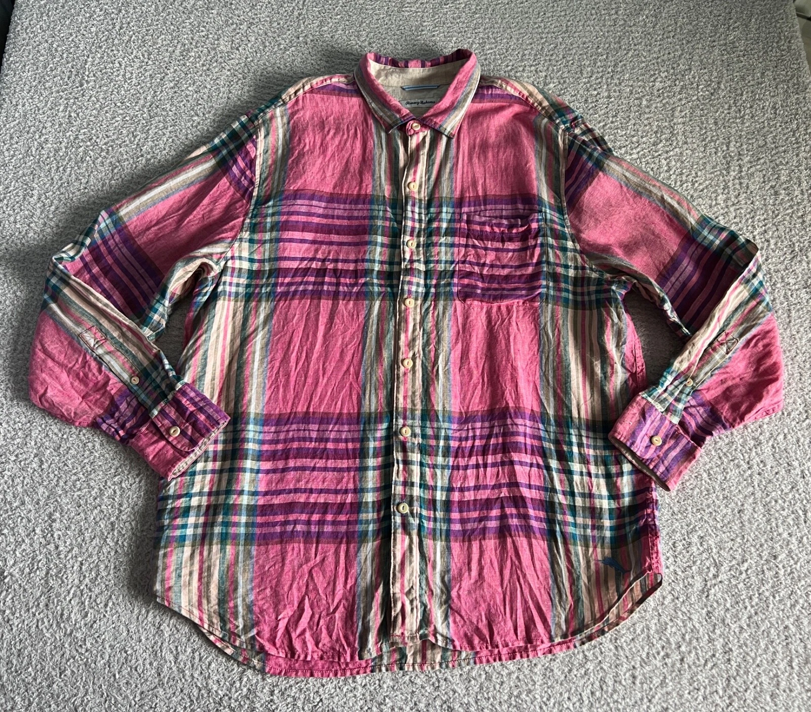Tommy Bahama Button Up Shirt Men’s Sz XL Pink Plaid Linen Pocket Flip Cuff