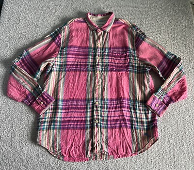 Tommy Bahama Button Up Shirt Men s Sz XL Pink Plaid Linen Pocket Flip Cuff