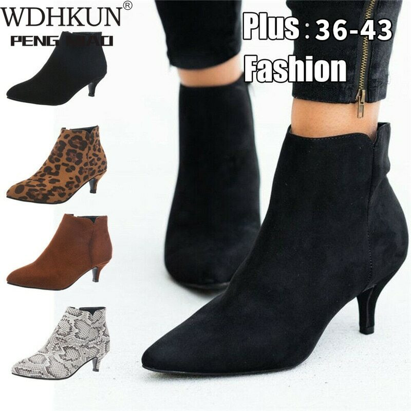 Botines De Ante Para Mujer Zapatos Con Tacón Medio De Aguja Elegante Cremalera