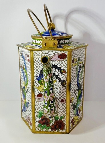 Antique Cloisonné Teapot Chinese Lidded Peacock Birds Hexagon Unique - Picture 3 of 18