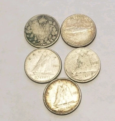 Silver Canadian Dime Lot of 5 Circulated Ungraded 1967 And Older # 134