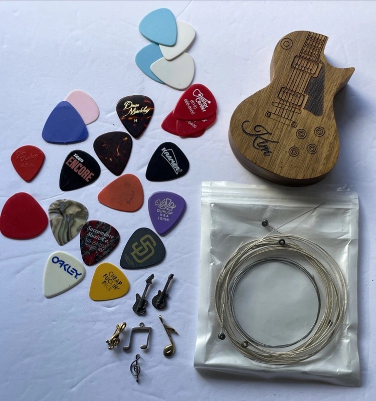 Vintage Rock & Roll Misc…Guitar Picks, Wooden Holder & 3 Picks + Pins & Charms