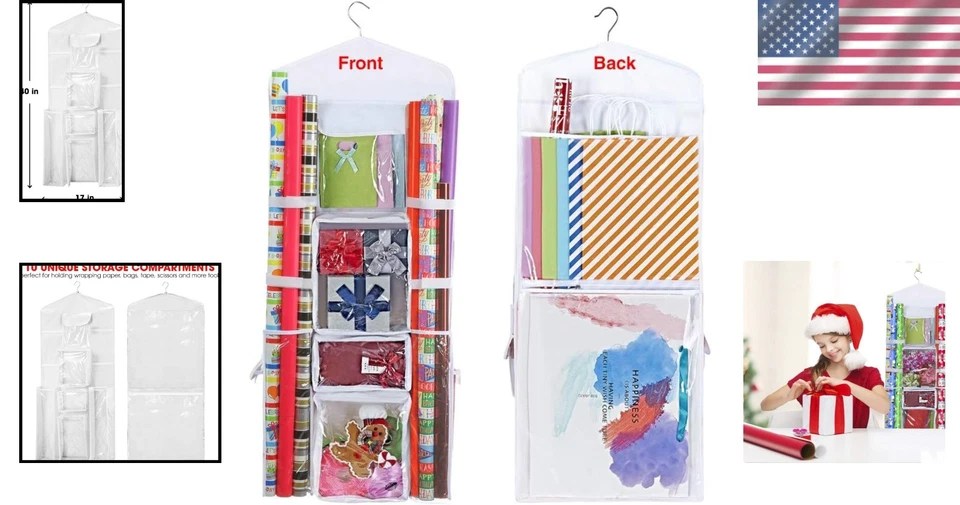 Wrapping Paper Storage Organizer Hanging Over Door Gift Wrap Bags Ribbon Bows - Image 2 of 4