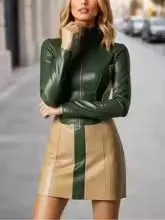Damen Kunstlederkleid grün und beige mit tailliertem Frontreißverschluss CF73492