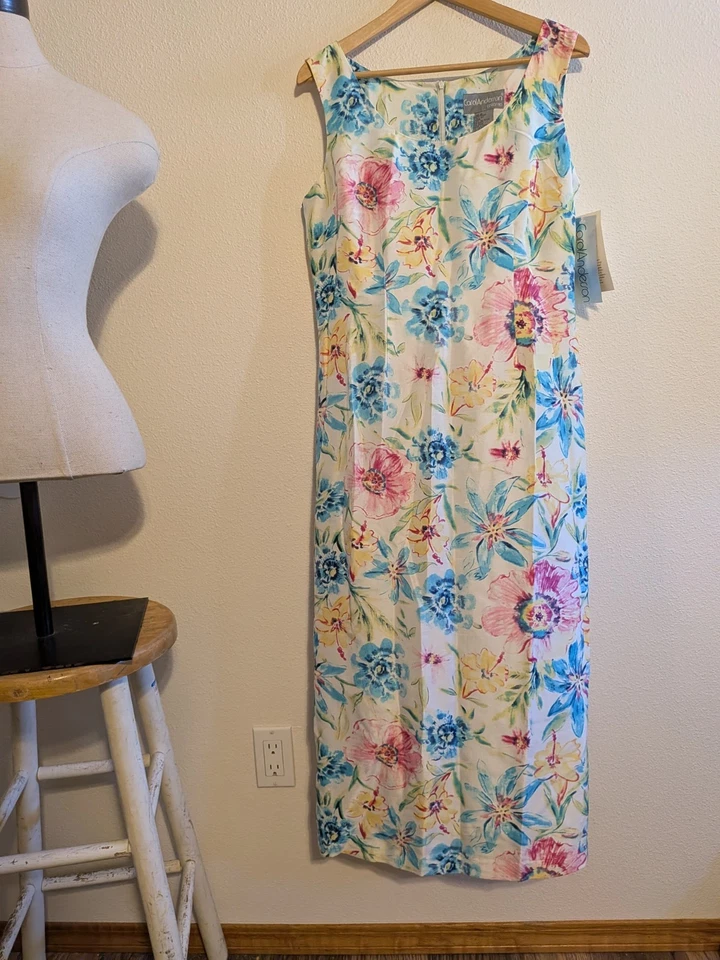 Vestido Deadstock Carol Anderson de seda floral con bufanda de cuentas talla 12 Foto 3 de 4