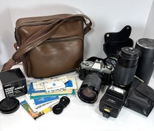 Vintage Minolta X-370 SLR Film Camera Bundle w/Case/Lenses/Flash/Strap/Manuals