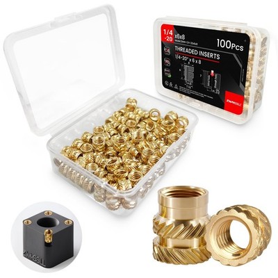 1/4''-20 Threaded Inserts-100 Pieces 1/4''-20 x 6 x 8 Heat-Set Insert Brass Knu...