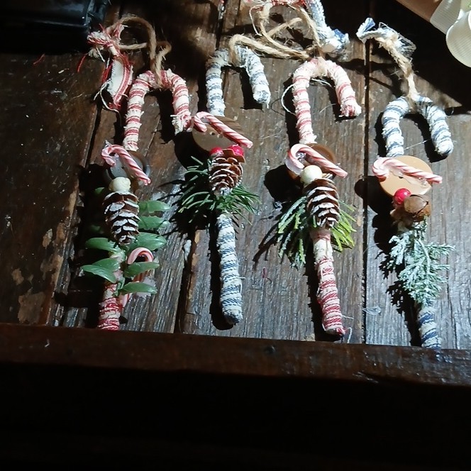 Handmade Rustic Candy Cane Ornaments with Pinecone, Multicolor Set of 4
