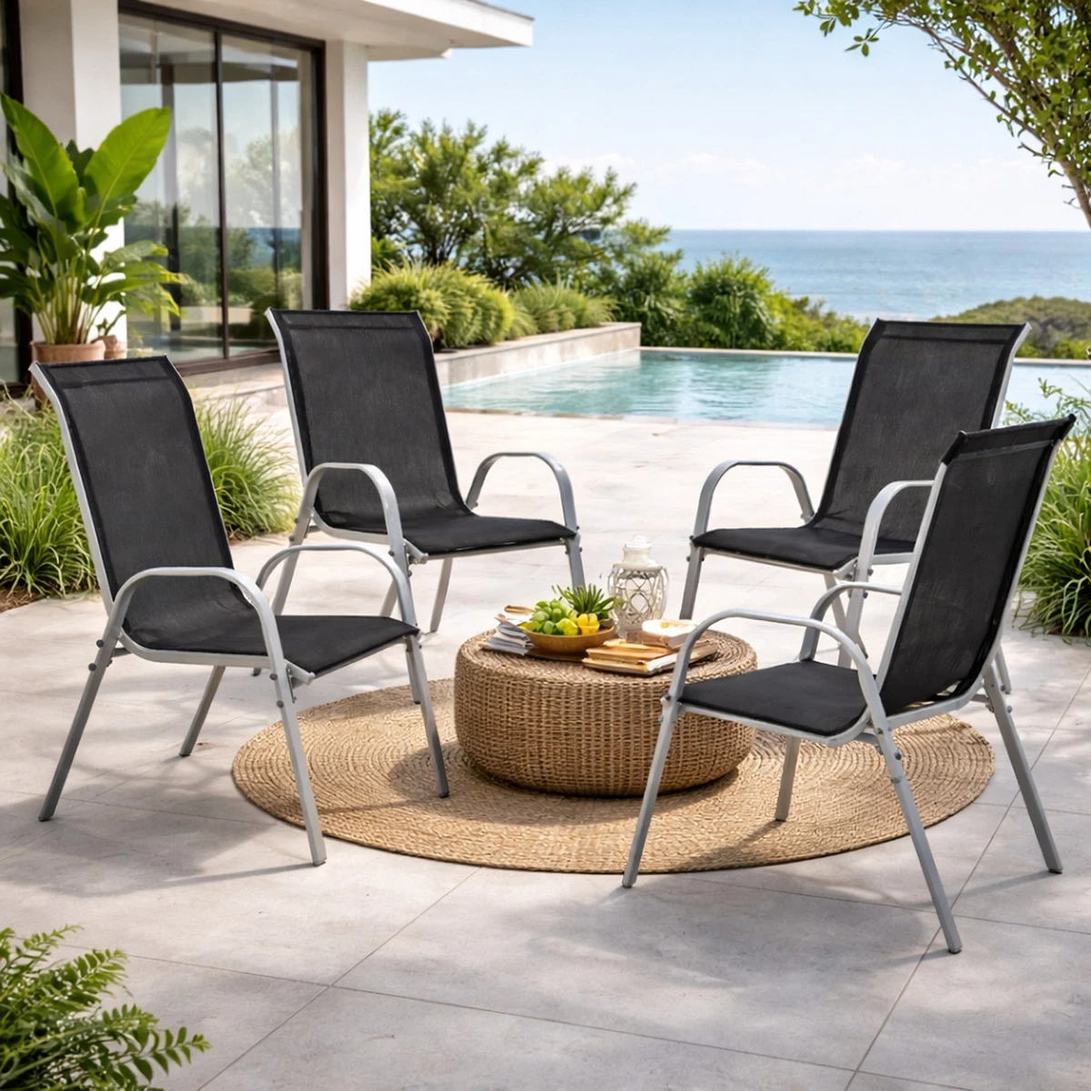 4 uds. Silla apilable silla apilable de metal - textiles color plata - negro