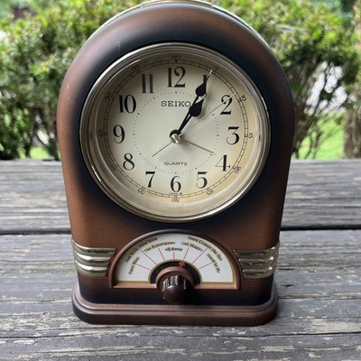Vintage Clock Seiko Retro Radio Style Quartz Brown Gold Trim JAPAN Works!