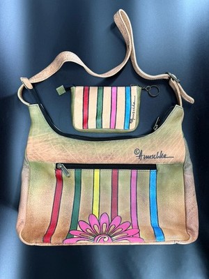 ANUSCHKA Hand Painted Colorful Rainbow Daisy Leather Hobo Top-Zip W/ Coin Bag