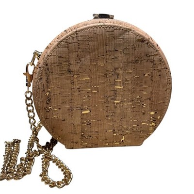 Gold Flecks Faux Cork Crossbody Round Bag Chain Coastal Boho Detach Strap Purse