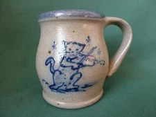 Vintage Cat Playing a Fiddle 1994 Rowe Pottery Blue Decorated Stoneware Mug