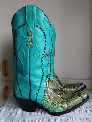LA AUTENTICA BOTA TURQUOISE AND SNAKE LEATHER COWBOY BOOTS GR.39,US 8.5.UK 6.5