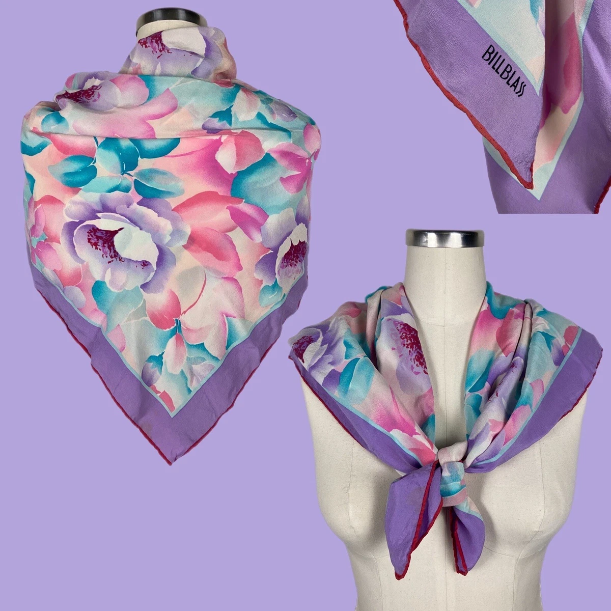 Bill Blass Floral 100 Silk Scarf Vintage Hand Rolled Edge 80 s Pink Purple Teal