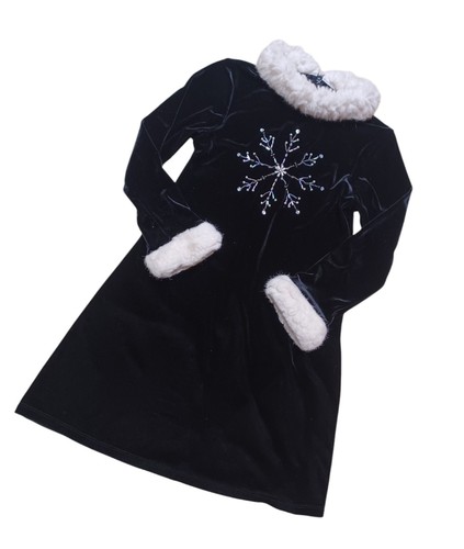 BONNIEJEAN PARTY HOLIDAY DRESS GIRLS SIZE 8 Black VELVET SNOWFLAKES FAUX FUR - Picture 2 of 3