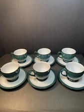 6 Denby England Greenwich Footed Coffee Tea Cup Mug & 6 Saucer Blue Green Color