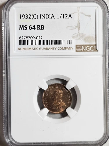 India 1/12 Anna 1932C NGC MS 64 RB