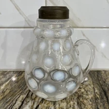 RARE Victorian Glass White Opalescent Coin Spot Syrup Pitcher Missing Lid 5 3/4