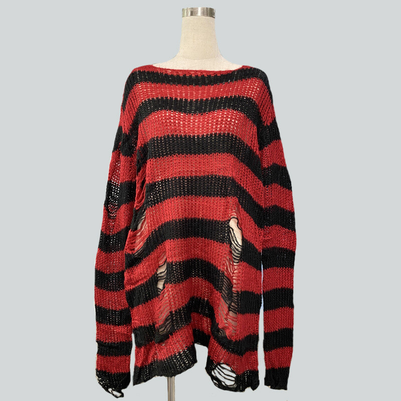 Jumper Pullover Long Top Knitwear Striped Punk Sweater Ripped Hole | eBay