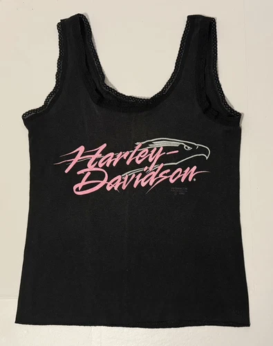 Vintage 1990 Harley Davidson 3D Emblem Lace Trim Tank Top Medium Laconia NH