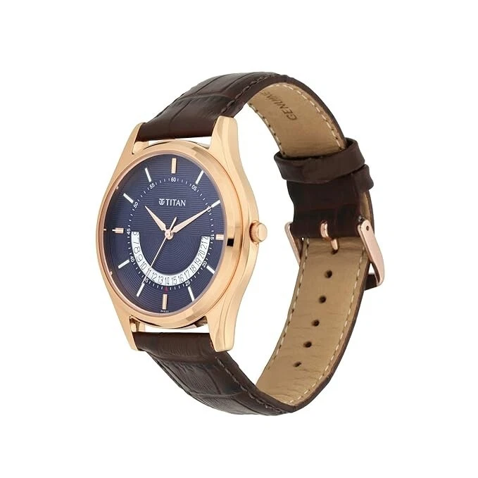 Reloj con correa de cuero analógico esfera azul Titan Lagan para hombre-NS1713WL01 Foto 3 de 4