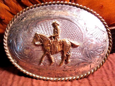 VINTAGE SOLID STERLING SILVER Front Horse & Rider Belt Buckle 