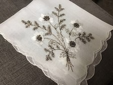 Vintage Pale Grey Semi-Sheer Metallic Thread Embroidered Floral Hankie VGC   