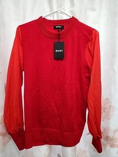  78 Dkny Women's Red Long Sleeve Stretch Crewneck Mixed-Media Sweater Size M