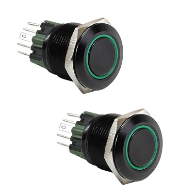 2pcs 25mm Black Stainless Button Green Halo  LED Momentary Light Switch