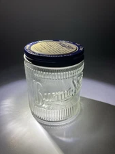THOROLY NICE! Vintage Jar Burma Shave Vita Jar Embossed Ribbed Glass, blue lid