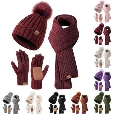 Hat Scarf and Gloves Set Ladies, Winter Beanie Hat for Women with Pom Pom Fleece