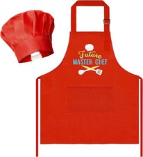 2Pcs Kid Apron and Chef Hat Set, Adjustable Children Red Kitchen Toddler Apro...