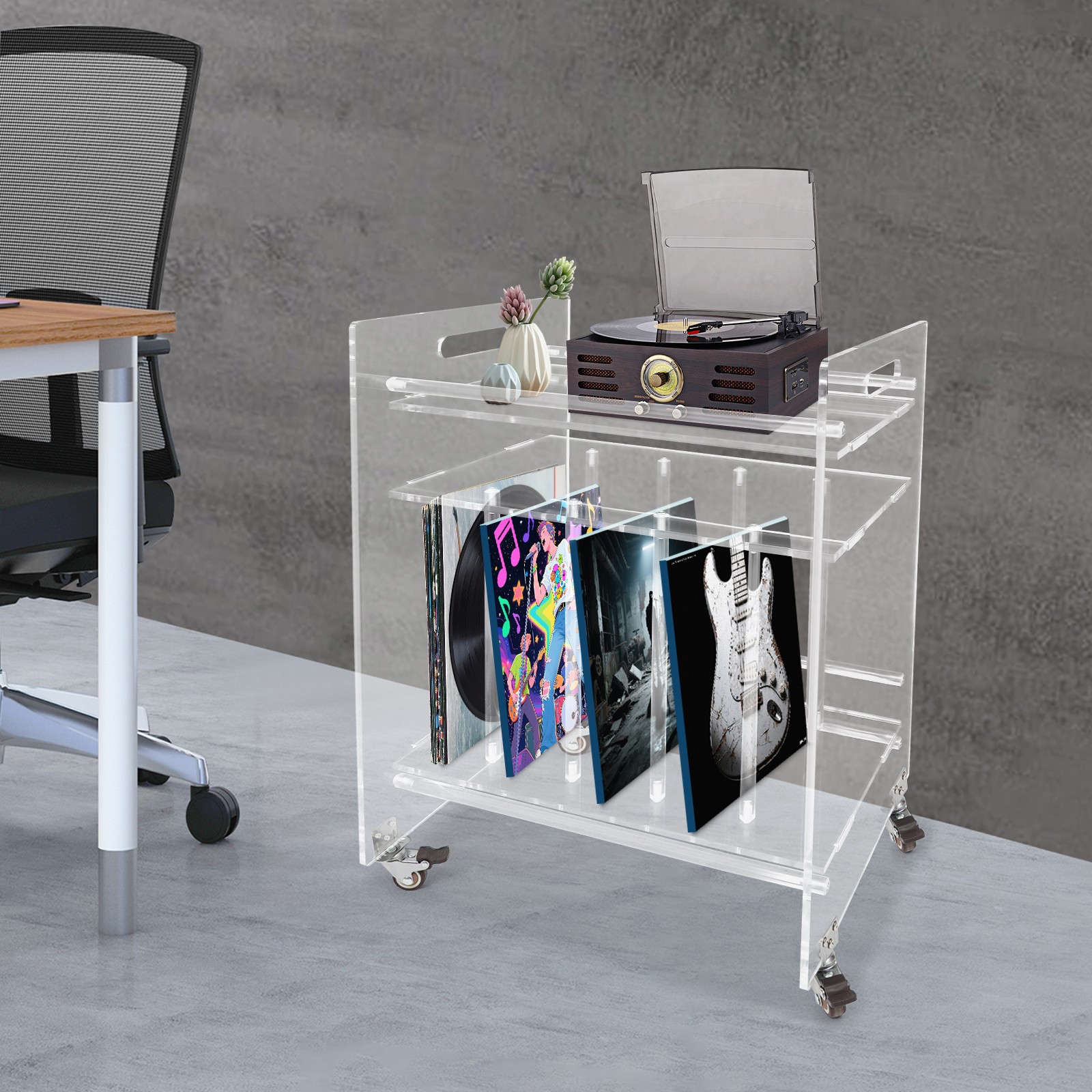 3-Tier Clear Acrylic CD Storage Cart with Wheels Holds 44lbs