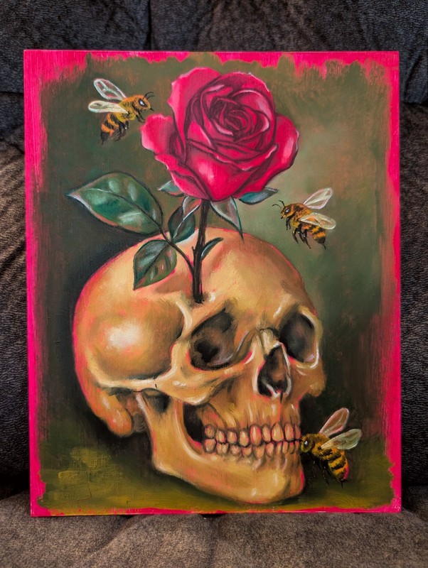 Original (8x10") Oil Painting- Horror Skull And Rose Art- By Clowndrxp